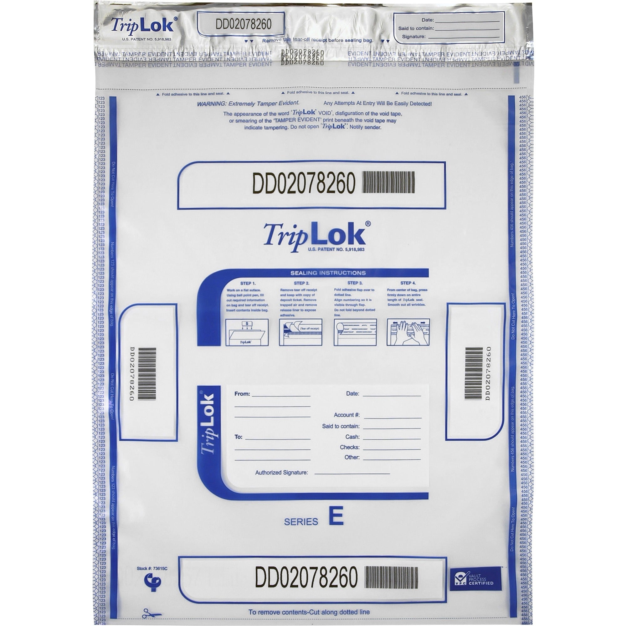 ControlTek TripLOK High-Performing Security Bags - 20" Length x 15" Width - Seal Closure - Clear - Polyethylene - Cash, Bill, Deposit - 50/Pack - 5 / Carton