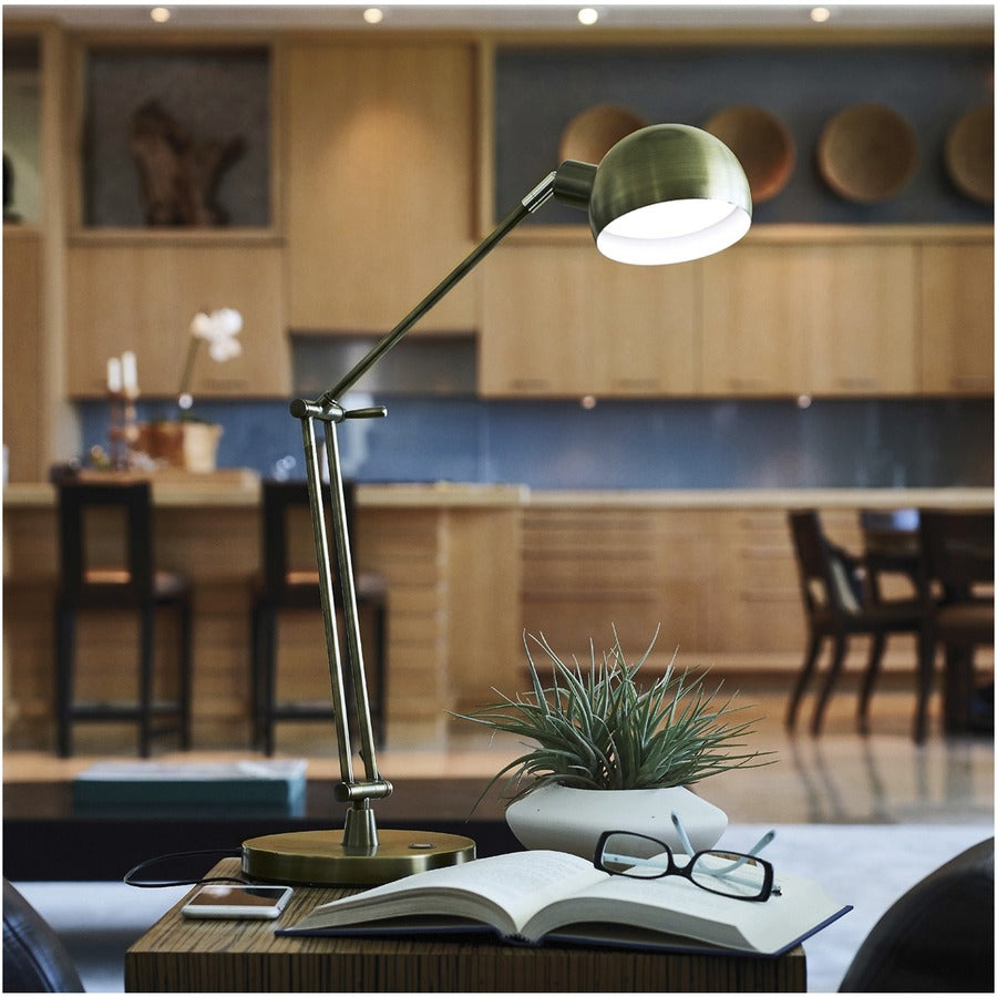 OttLite Wellness Series Refine LED Desk Lamp, 24" Height x 7" Width, Antique Brass, 400 lm, USB Charging, Adjustable Brightness, Touch-Activated, Adjustable Height, 1 Each