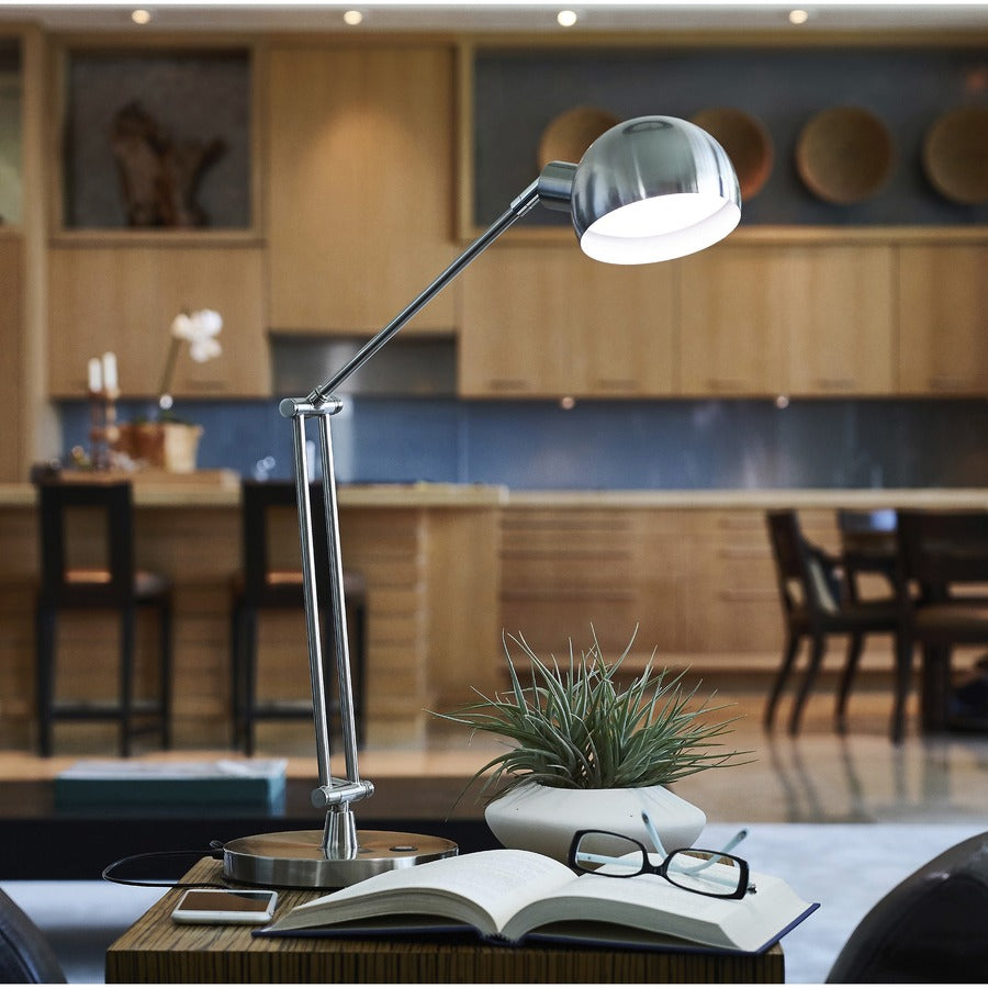 OttLite Wellness Series Refine LED Desk Lamp, 24" Height, Brushed Nickel/White, Metal, 400 lm, USB Charging, Adjustable Brightness, Touch-Activated, Adjustable Height/Angle/Knob, ClearSun LED, Desk Mountable, 1 Each