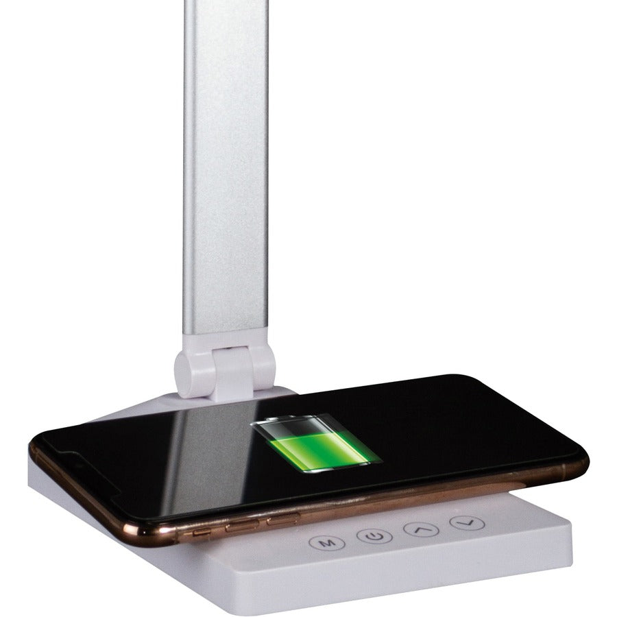 22" Height - LED Bulb - Matte - Qi Wireless Charging, Adjustable Brightness, Adjustable Height, USB Charging, Foldable, ClearSun LED, Touch-activated, Dimmable, Adjustable Angle - Aluminum - Desk Mountable - White, Silver - for Smartphone, Desk