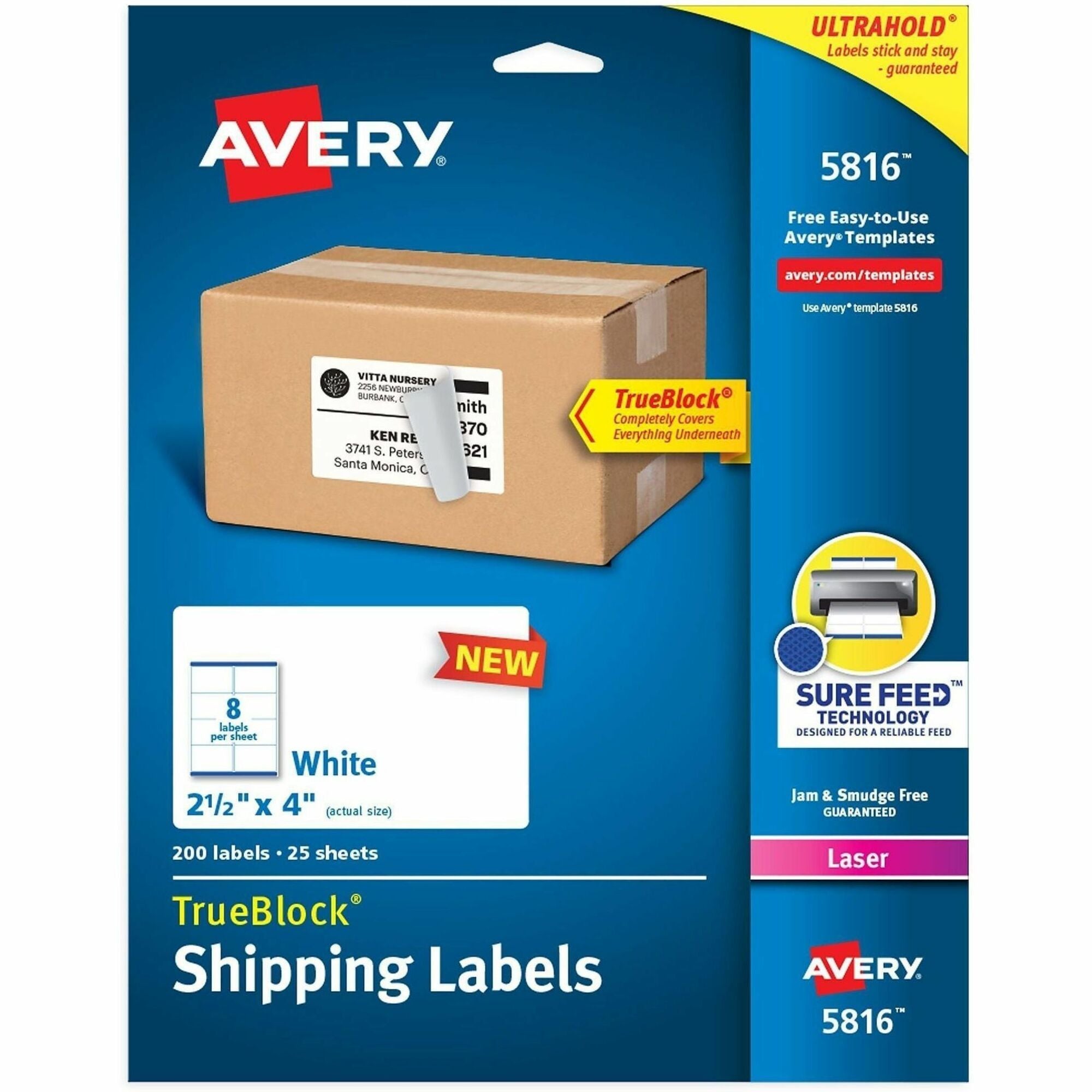 x 2 1/2" Width x 4" Length - Permanent Adhesive - Rectangle - Laser - Matte - White - Paper - Permanent Adhesive, Smudge-free, Jam-free, Smudge Resistant, Stick & Stay - 8 / Sheet - 25 Total Sheets - 200 Total Label(s) - For Label Printer - 200 / Pack