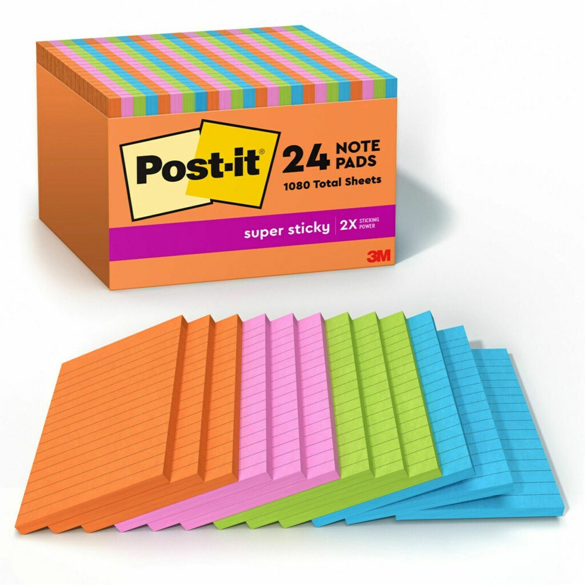 Post-it&reg; Super Sticky Notes - Energy Boost Color Collection - 4" Flag/Note Width x 6" Flag/Note Length - Rectangle - 45 Sheets per Pad - Vital Orange, Tropical Pink, Blue Paradise, Limeade - Sticky - 24 / Pack