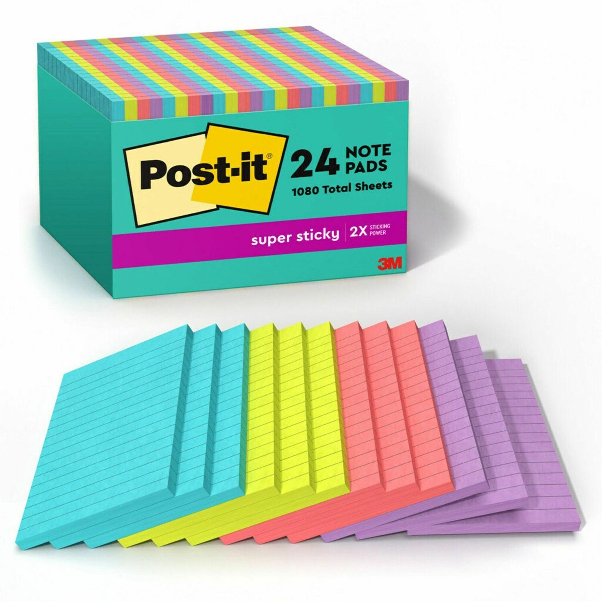 Post-it&reg; Super Sticky Notes - Supernova Neons Color Collection - 4" Flag/Note Width x 6" Flag/Note Length - Rectangle - 45 Sheets per Pad - Blue, Green, Pink, Lilac - Sticky - 24 / Pack