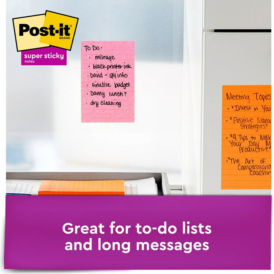 Post-it&reg; Super Sticky Notes - Supernova Neons Color Collection - 4" Flag/Note Width x 6" Flag/Note Length - Rectangle - 45 Sheets per Pad - Blue, Green, Pink, Lilac - Sticky - 24 / Pack