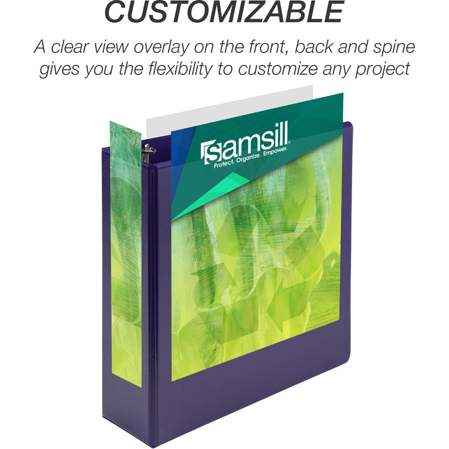 Samsill Earthchoice Durable View Binder, 3" Capacity, Letter Size, 550 Sheet, 3 Round Rings, 2 Internal Pockets, Assorted Colors, Recycled, Bio-based, Clear Overlay, 4 Pack