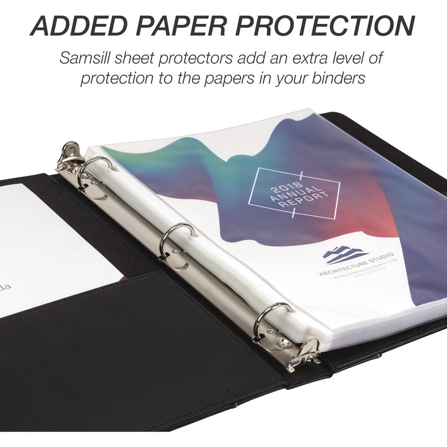 Samsill Contrast Stitch Leather Ring Binder - 1" Binder Capacity - Letter - 8 1/2" x 11" Sheet Size - 200 Sheet Capacity - Fastener(s): Round Ring - Pocket(s): 2, Internal - Bonded Leather, LeatherGrain - Black - Durable, Spine, Rivet - 1 Each
