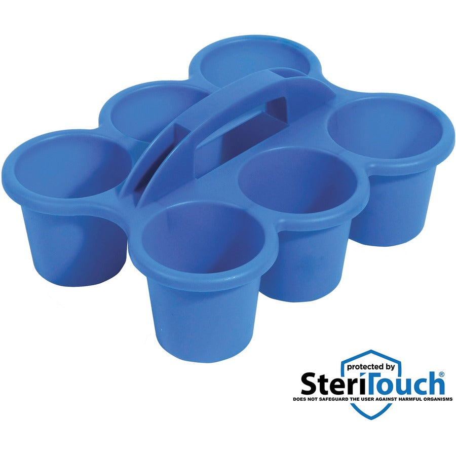 Deflecto Antimicrobial Kids 6 Cup Caddy, 6 Compartments, 5.29" H x 12.07" W x 9.55" D, Lightweight, Portable, Easy to Clean, Handle, Stackable, Mildew Resistant, Blue, Plastic, 1 Each
