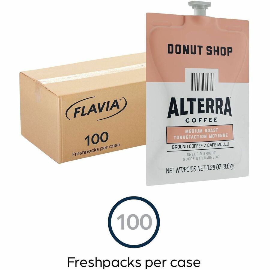 Compatible with Flavia Aroma, Flavia Barista, FLAVIA Creation 600, Flavia Creation 500, Flavia Creation 200, Flavia Creation 150, Flavia Creation 300 - Hot Coffee - Medium - Freshpack - Donut Shop Blend - Kosher - 100 / Carton