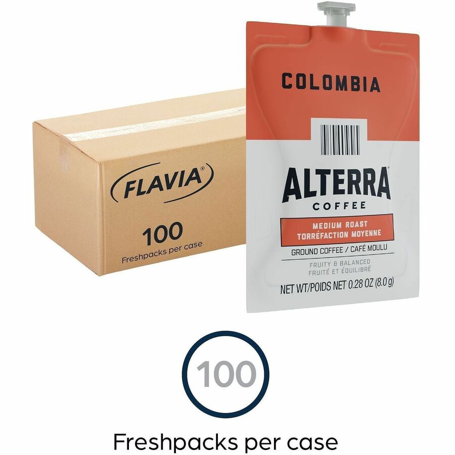 Compatible with Flavia Aroma, Flavia Barista, FLAVIA Creation 600, Flavia Creation 500, Flavia Creation 200, Flavia Creation 150, Flavia Creation 300, Flavia - Hot Coffee - Medium - Freshpack - Colombia, Regular - Kosher - 100 / Carton