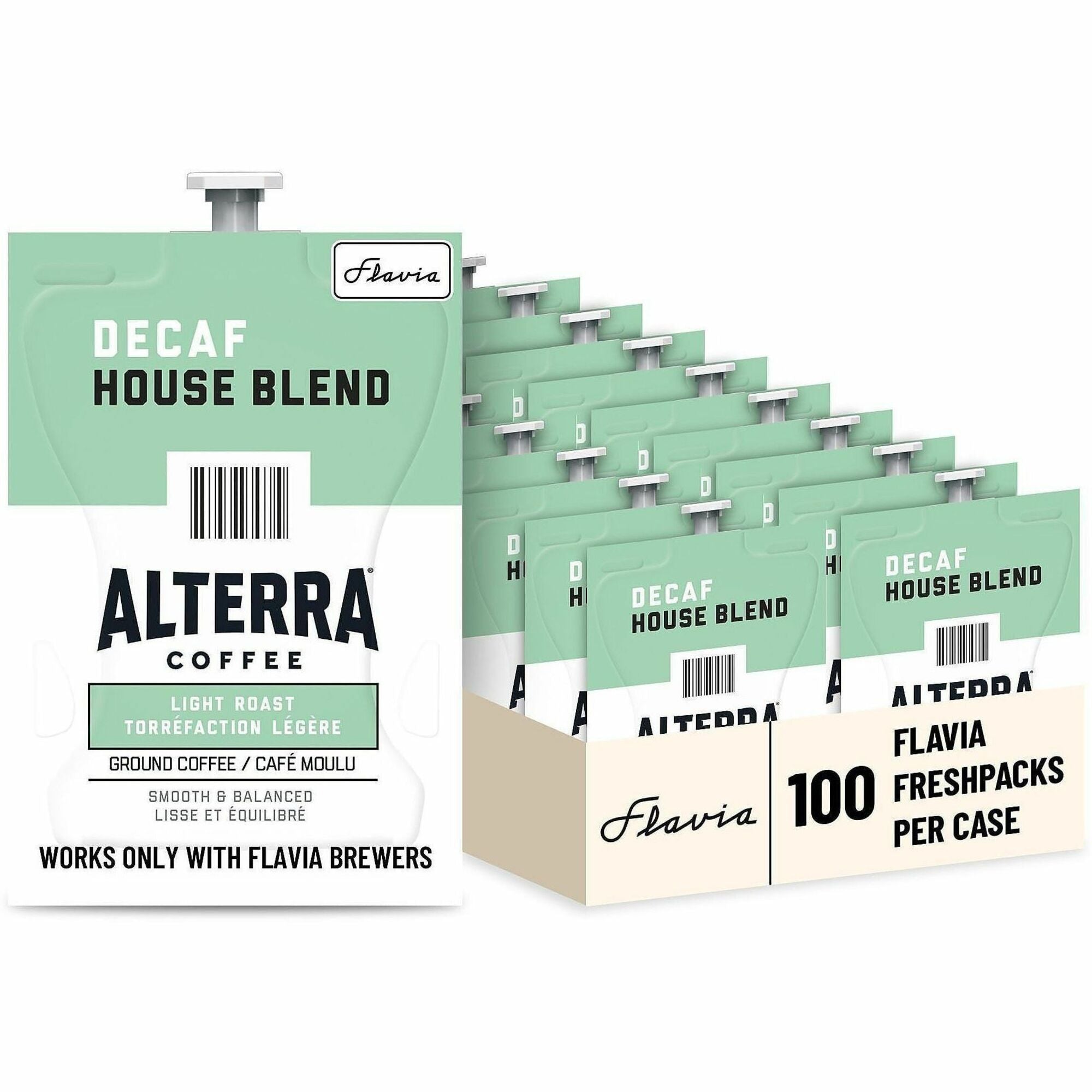 Compatible with Flavia Aroma, Flavia Barista, FLAVIA Creation 600, Flavia Creation 500, Flavia Creation 200, Flavia Creation 150, Flavia Creation 300 - Hot Coffee - Light - Freshpack - Decaf House Blend, Regular - Kosher - Decaffeinated - 100 / Carton