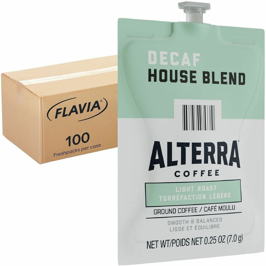 Compatible with Flavia Aroma, Flavia Barista, FLAVIA Creation 600, Flavia Creation 500, Flavia Creation 200, Flavia Creation 150, Flavia Creation 300 - Hot Coffee - Light - Freshpack - Decaf House Blend, Regular - Kosher - Decaffeinated - 100 / Carton
