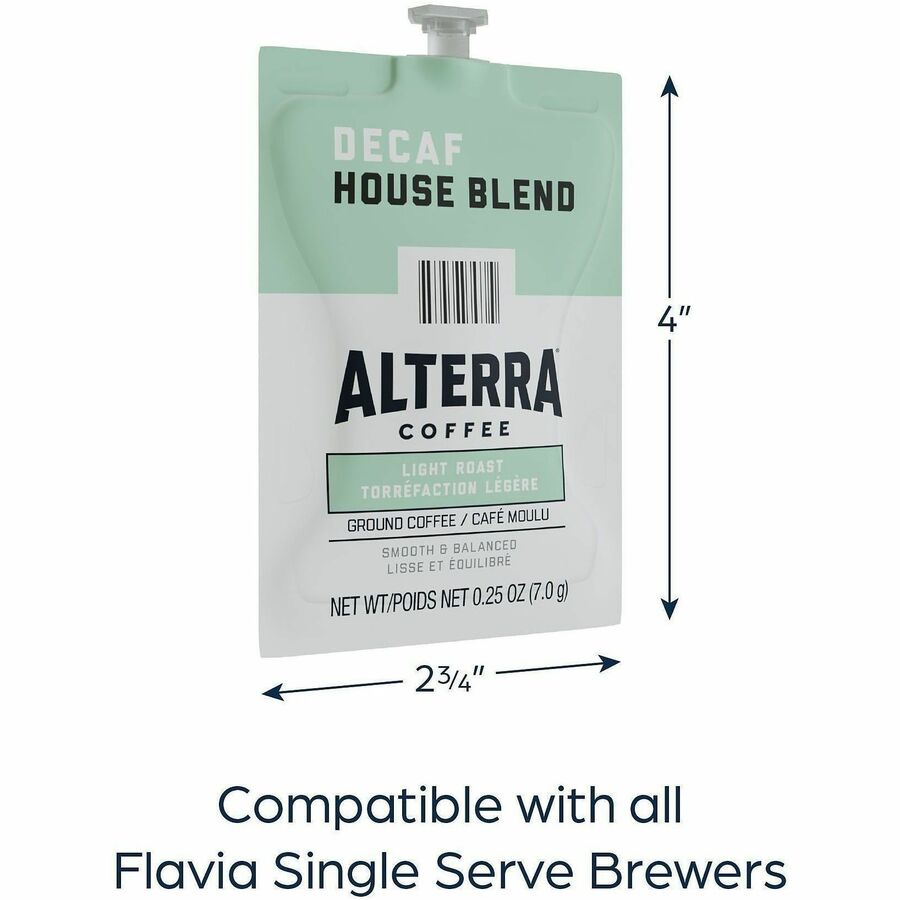 Compatible with Flavia Aroma, Flavia Barista, FLAVIA Creation 600, Flavia Creation 500, Flavia Creation 200, Flavia Creation 150, Flavia Creation 300 - Hot Coffee - Light - Freshpack - Decaf House Blend, Regular - Kosher - Decaffeinated - 100 / Carton