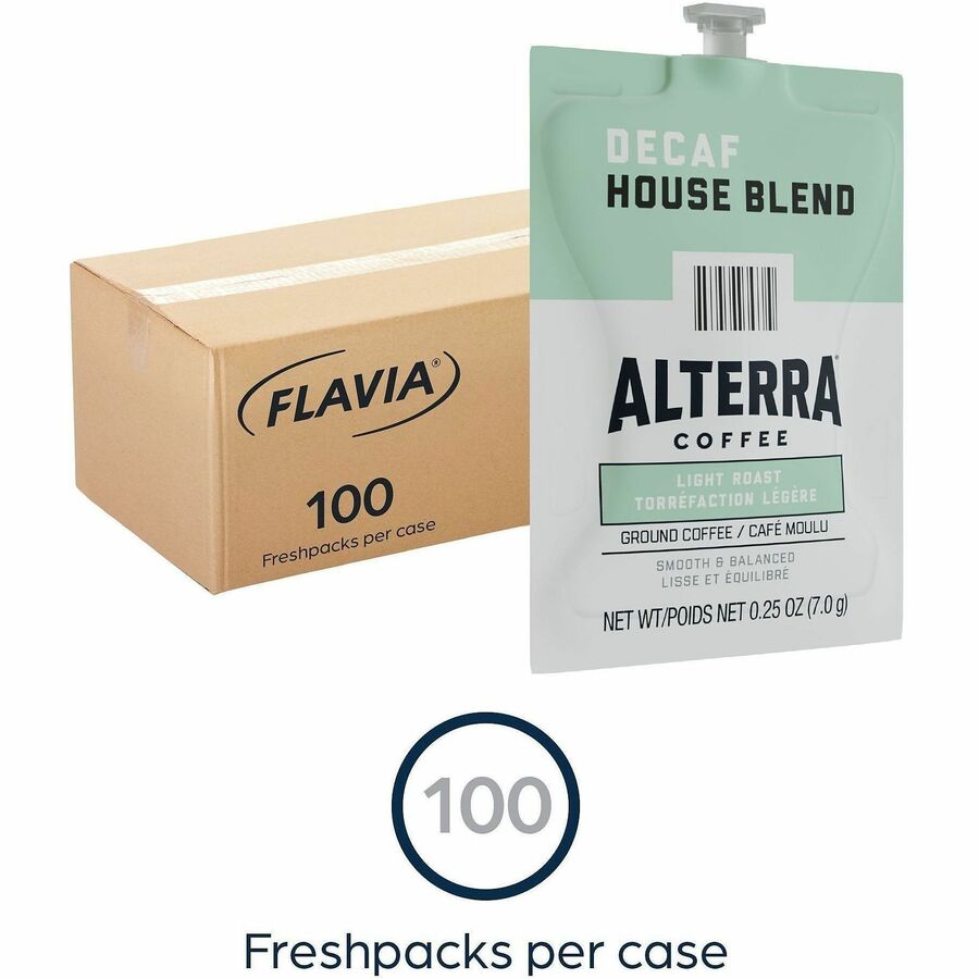 Compatible with Flavia Aroma, Flavia Barista, FLAVIA Creation 600, Flavia Creation 500, Flavia Creation 200, Flavia Creation 150, Flavia Creation 300 - Hot Coffee - Light - Freshpack - Decaf House Blend, Regular - Kosher - Decaffeinated - 100 / Carton