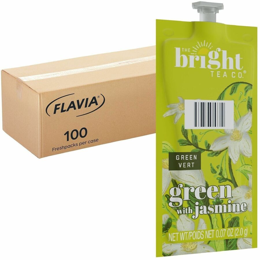 Flavia Bright Tea Co Green Tea with Jasmine, Caffeinated, Kosher, Freshpack, Compatible with Flavia Aroma, Creation 300, Creation 600, 100/Carton