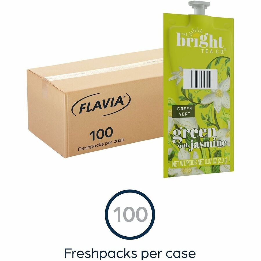 Flavia Bright Tea Co Green Tea with Jasmine, Caffeinated, Kosher, Freshpack, Compatible with Flavia Aroma, Creation 300, Creation 600, 100/Carton