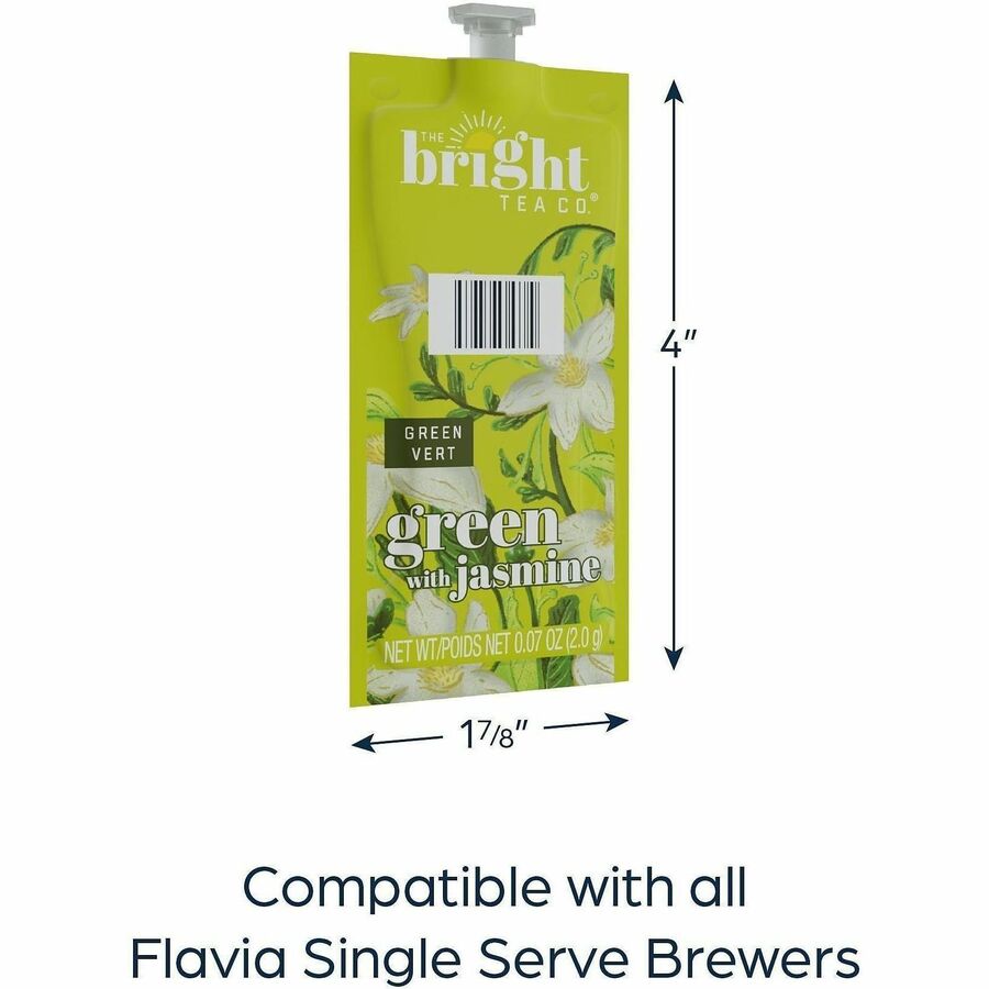 Flavia Bright Tea Co Green Tea with Jasmine, Caffeinated, Kosher, Freshpack, Compatible with Flavia Aroma, Creation 300, Creation 600, 100/Carton