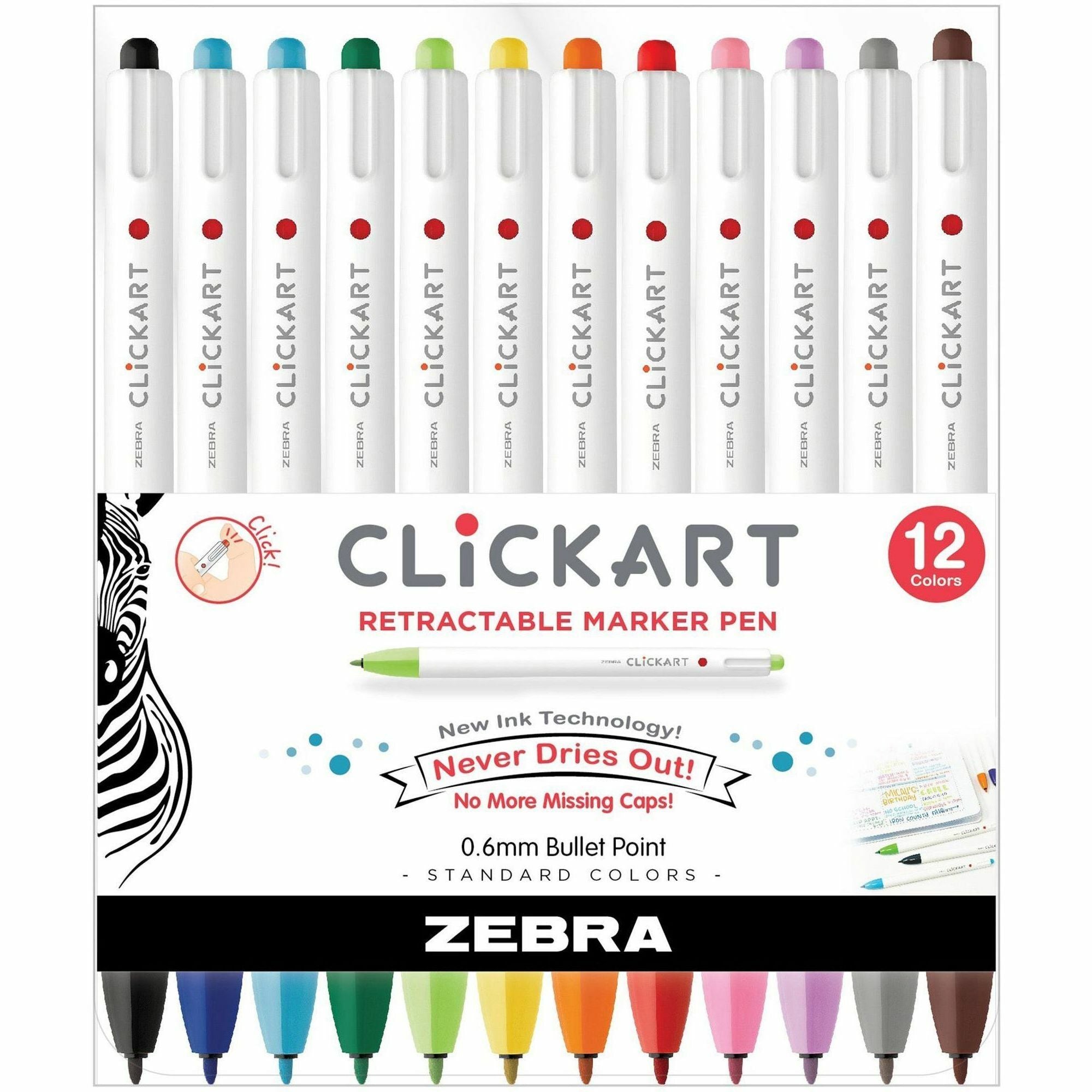 0.6 mm Fine Bullet Marker Point - Retractable - Assorted Ink - Water Based - 12 / Pack
