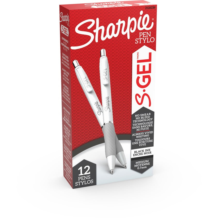 Sharpie S-Gel Pen - 0.7 mm Medium Pen Point - Black Ink - Gel-based - White Barrel - 1 Dozen