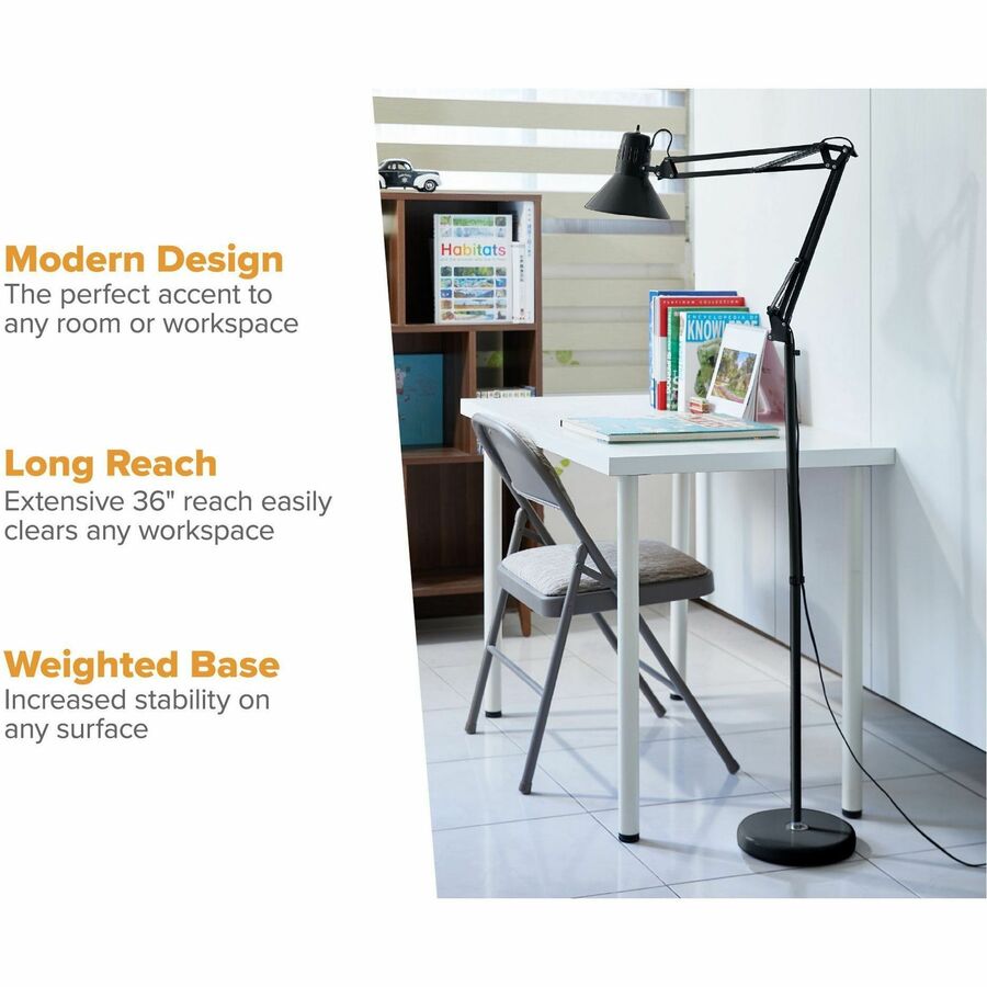 72" Height - 9 W LED Bulb - Swivel Arm, Weighted Base, Glare-free Light, Flicker-free, Adjustable Arm, Durable, Eco-friendly - 700 lm Lumens - Metal - Floor-mountable - Black - for Office, Workspace, Lounge, Home, Room, Reading, Studying, Living Room