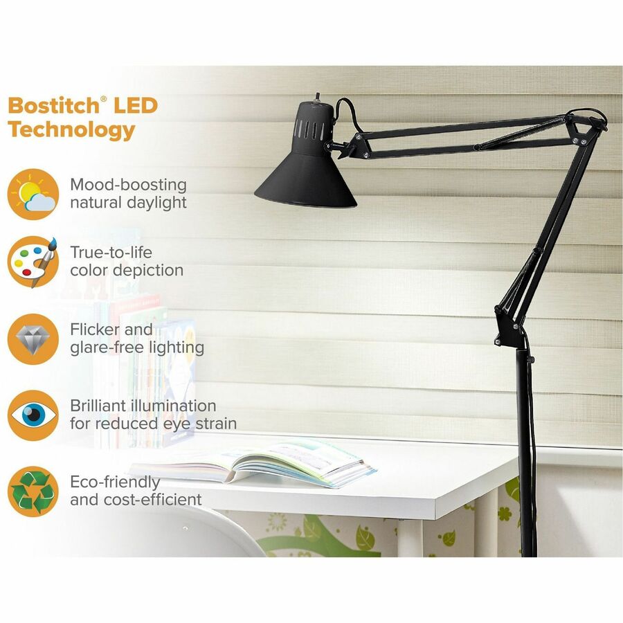 72" Height - 9 W LED Bulb - Swivel Arm, Weighted Base, Glare-free Light, Flicker-free, Adjustable Arm, Durable, Eco-friendly - 700 lm Lumens - Metal - Floor-mountable - Black - for Office, Workspace, Lounge, Home, Room, Reading, Studying, Living Room
