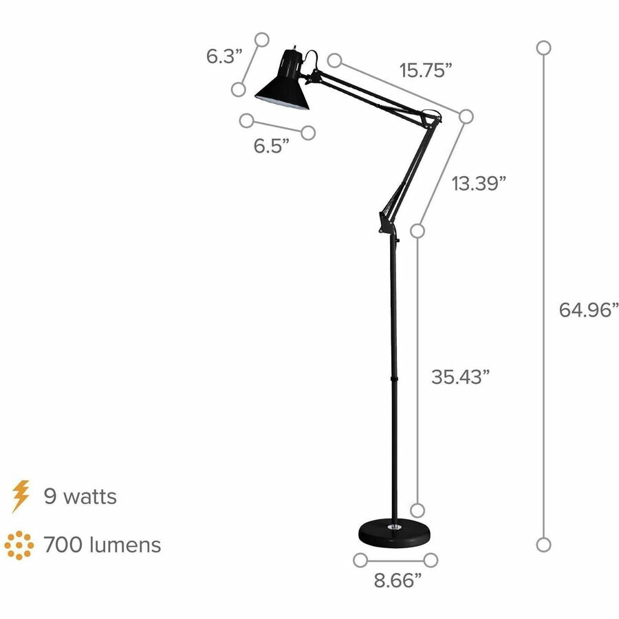72" Height - 9 W LED Bulb - Swivel Arm, Weighted Base, Glare-free Light, Flicker-free, Adjustable Arm, Durable, Eco-friendly - 700 lm Lumens - Metal - Floor-mountable - Black - for Office, Workspace, Lounge, Home, Room, Reading, Studying, Living Room