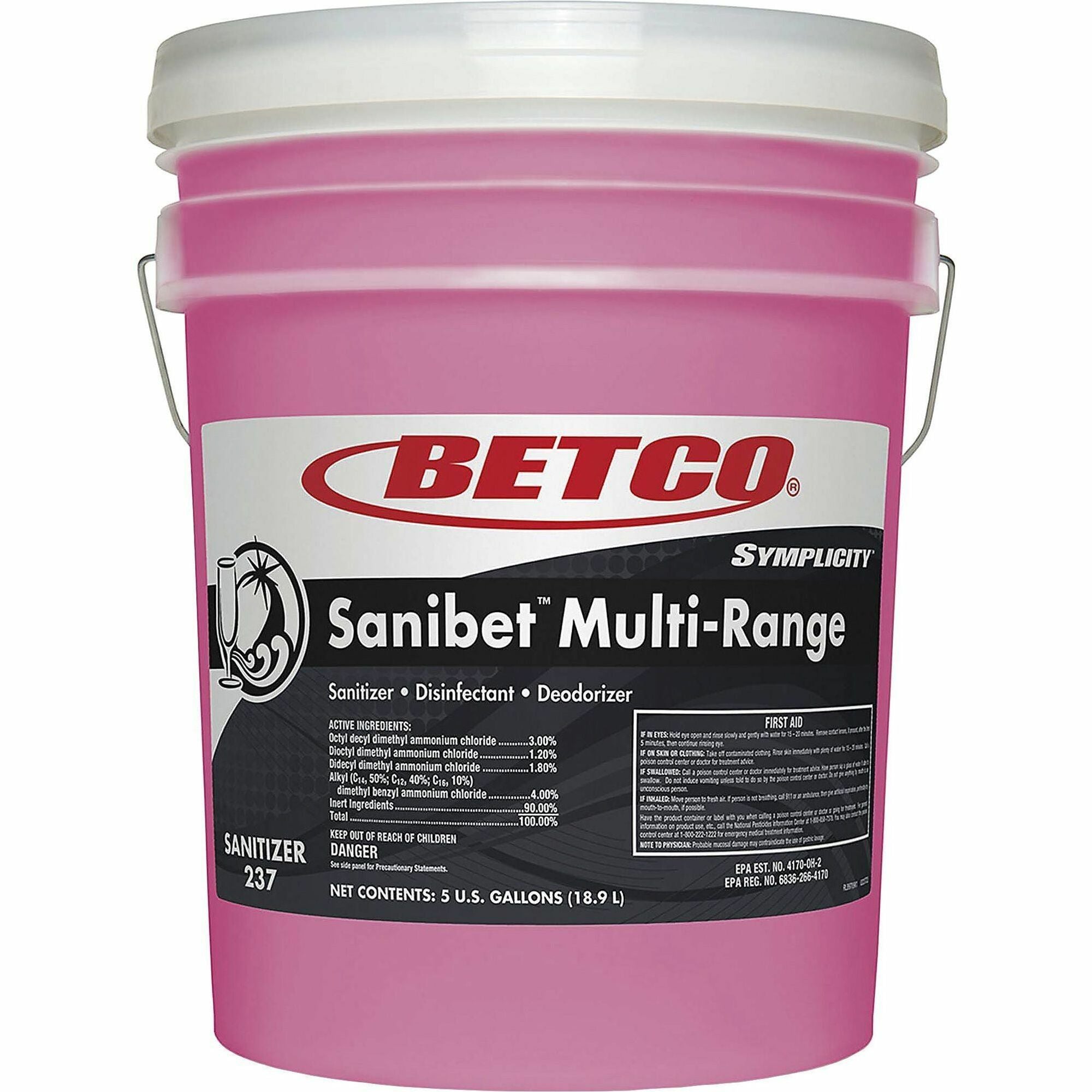 Betco Symplicity Sanibet MultiRange Sanitizer - Concentrate - 640 fl oz (20 quart) - Fragrance-free, Disinfectant, Deodorize, Rinse-free, Versatile - Pink - 1 Each