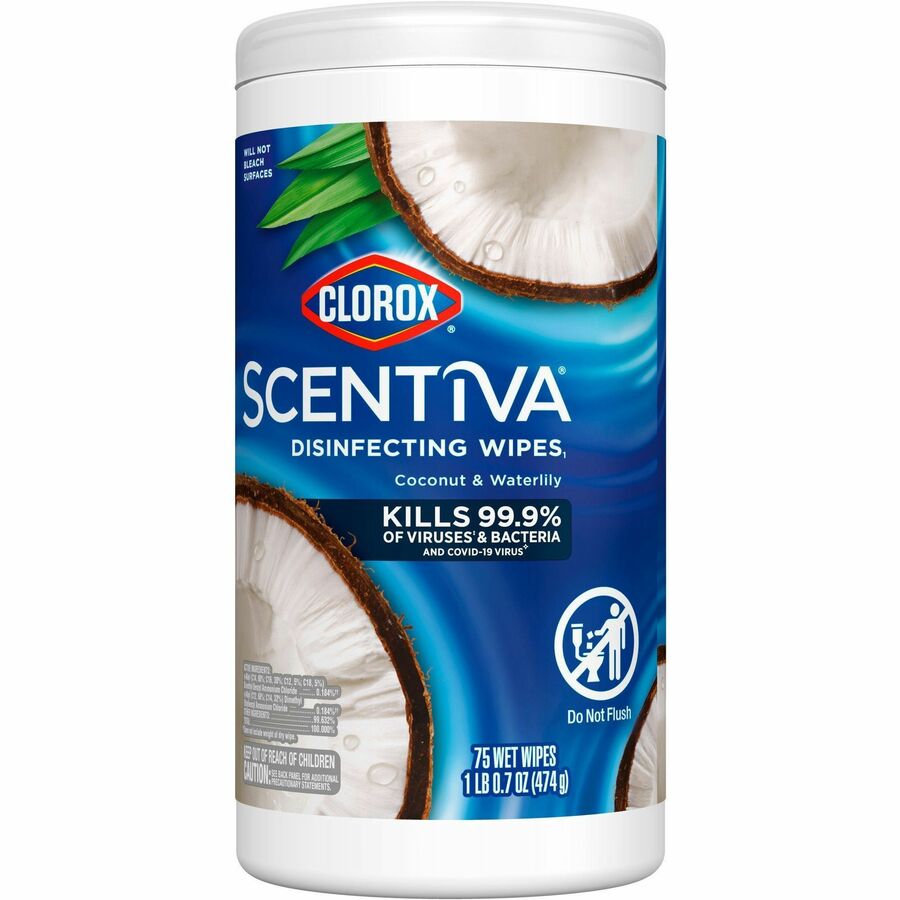 Clorox Scentiva Wipes, Bleach Free Cleaning Wipes - Ready-To-Use - Coconut & Water Lily Scent - Bleach-free, Disinfectant, Deodorize - White - 75/Tub - 1 Each