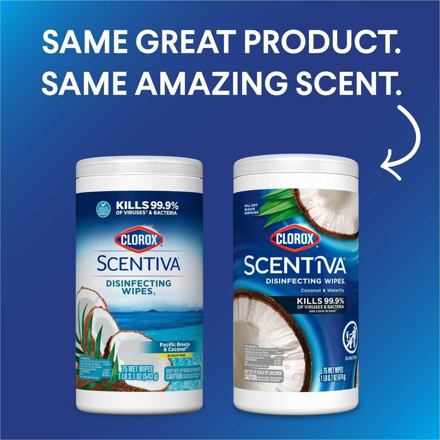 Clorox Scentiva Wipes, Bleach Free Cleaning Wipes - Ready-To-Use - Coconut & Water Lily Scent - Bleach-free, Disinfectant, Deodorize - White - 75/Tub - 1 Each