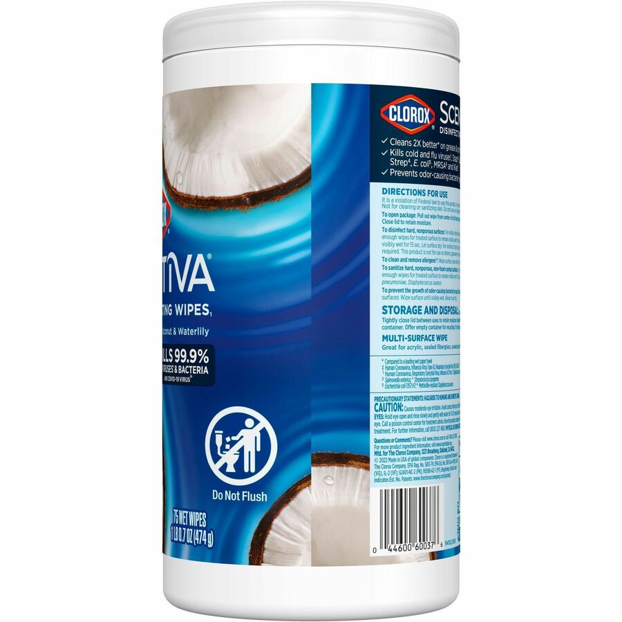 Clorox Scentiva Wipes, Bleach Free Cleaning Wipes - Ready-To-Use - Coconut & Water Lily Scent - Bleach-free, Disinfectant, Deodorize - White - 75/Tub - 1 Each