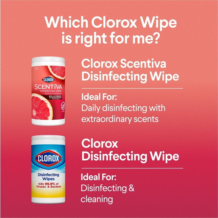Clorox Scentiva Wipes, Bleach Free Cleaning Wipes - Ready-To-Use - Grapefruit, Orange Blossom Scent - Bleach-free, Disinfectant, Deodorize - White - 75/Tub - 1 Each