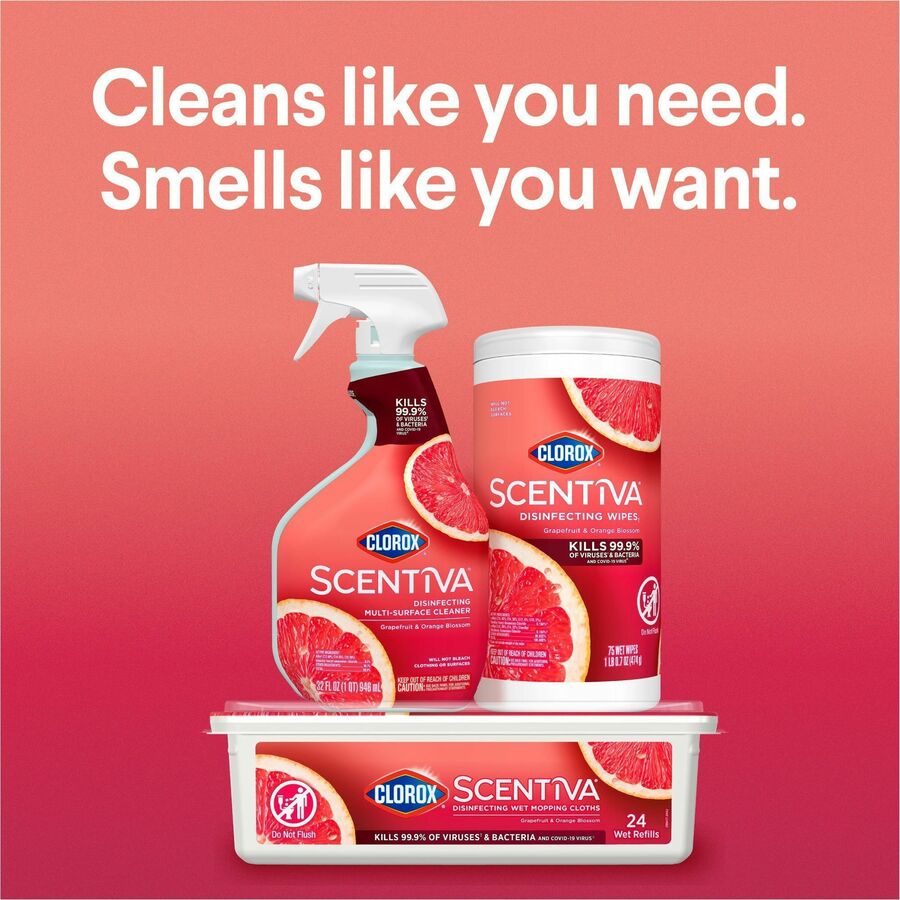 Clorox Scentiva Wipes, Bleach Free Cleaning Wipes - Ready-To-Use - Grapefruit, Orange Blossom Scent - Bleach-free, Disinfectant, Deodorize - White - 75/Tub - 1 Each