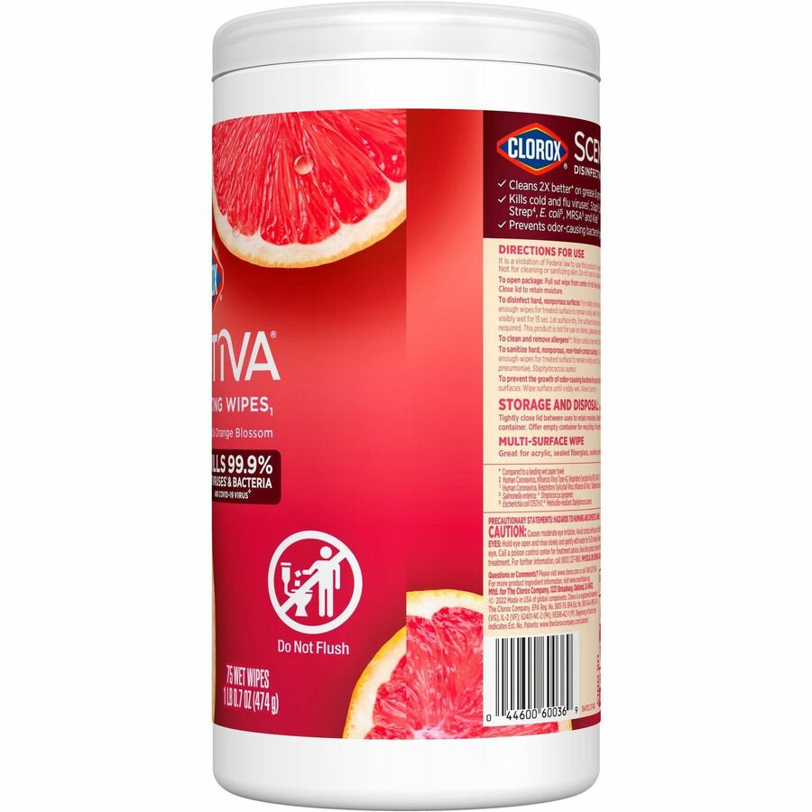 Clorox Scentiva Wipes, Bleach Free Cleaning Wipes - Ready-To-Use - Grapefruit, Orange Blossom Scent - Bleach-free, Disinfectant, Deodorize - White - 75/Tub - 1 Each