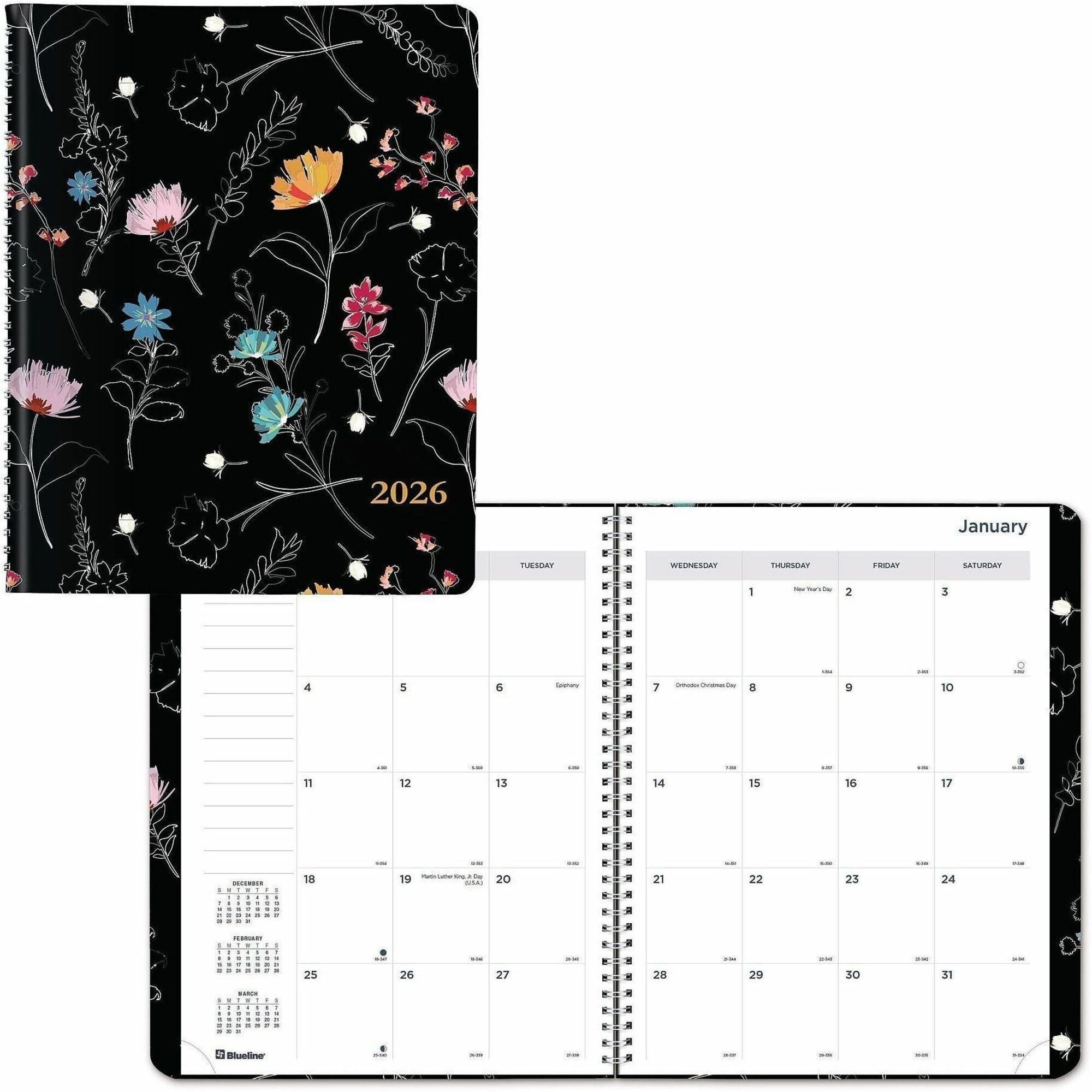Rediform Essential Weekly/Monthly Planner, 14-Month, December 2025–January 2027, Twin Wire, Dramatic Floral, Soft Cover, Ruled, Tear-off Corners, Monthly Tabs, 1 Each