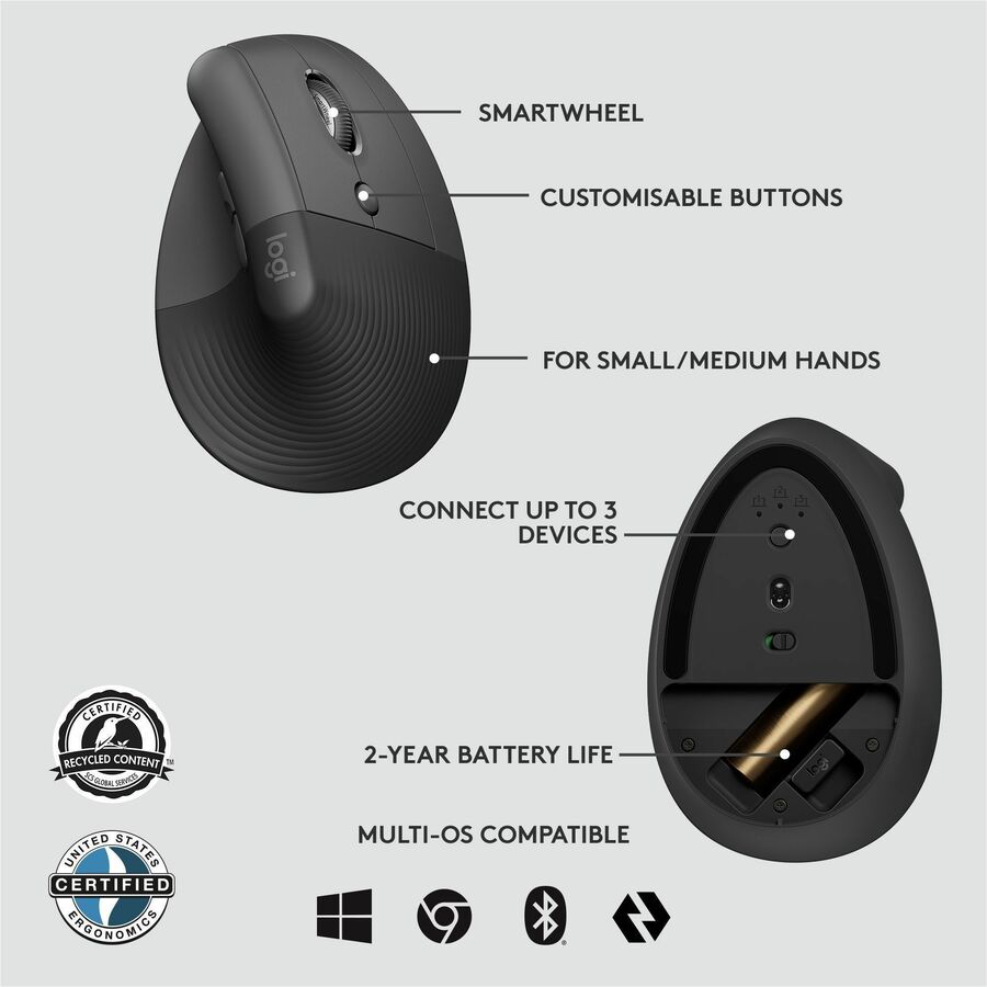 Optical - Wireless - Bluetooth/Radio Frequency - Graphite - USB - 4000 dpi - Scroll Wheel - 4 Button(s) - Small/Medium Hand/Palm Size - 1 Each