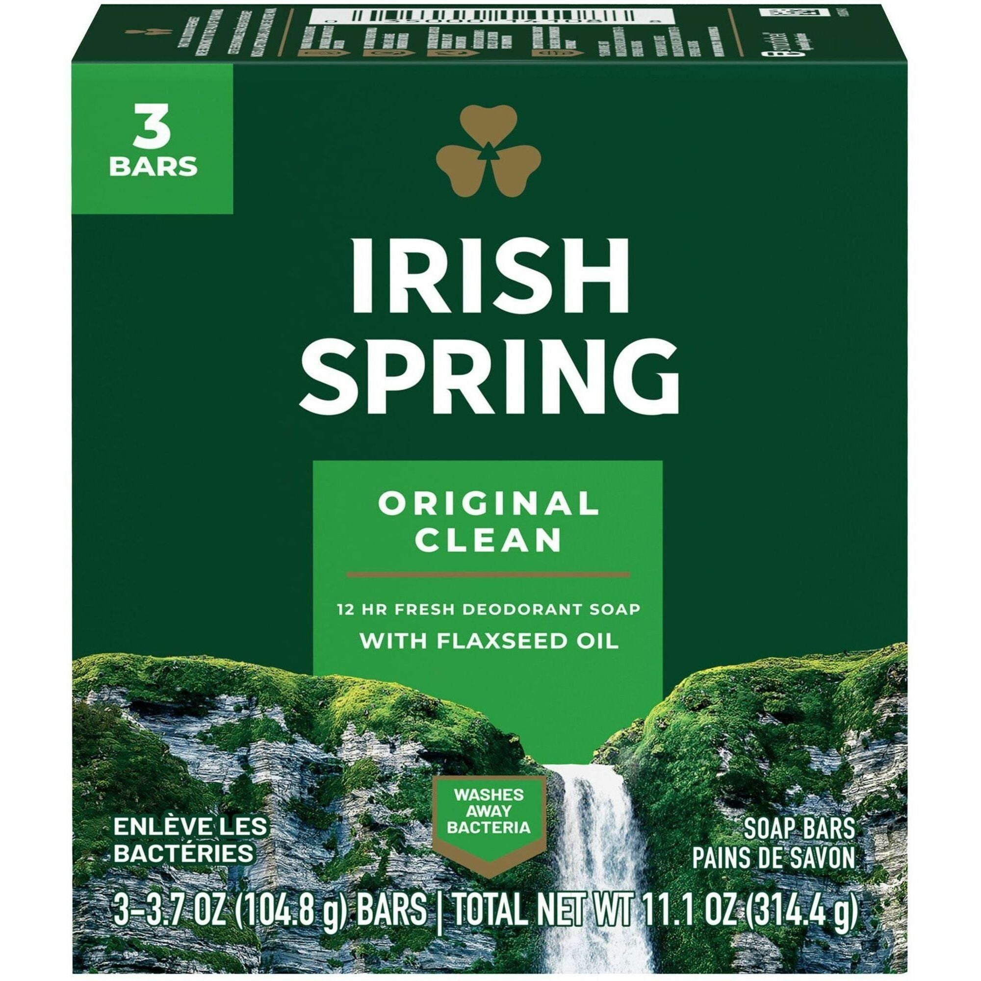 Irish Spring Deodorant Bar Soap with Flaxseed Oil, Original Clean Scent, 3.75 oz, Green, Paraben-free, Phthalate-free, Gluten-free, Recyclable, 3 Pack