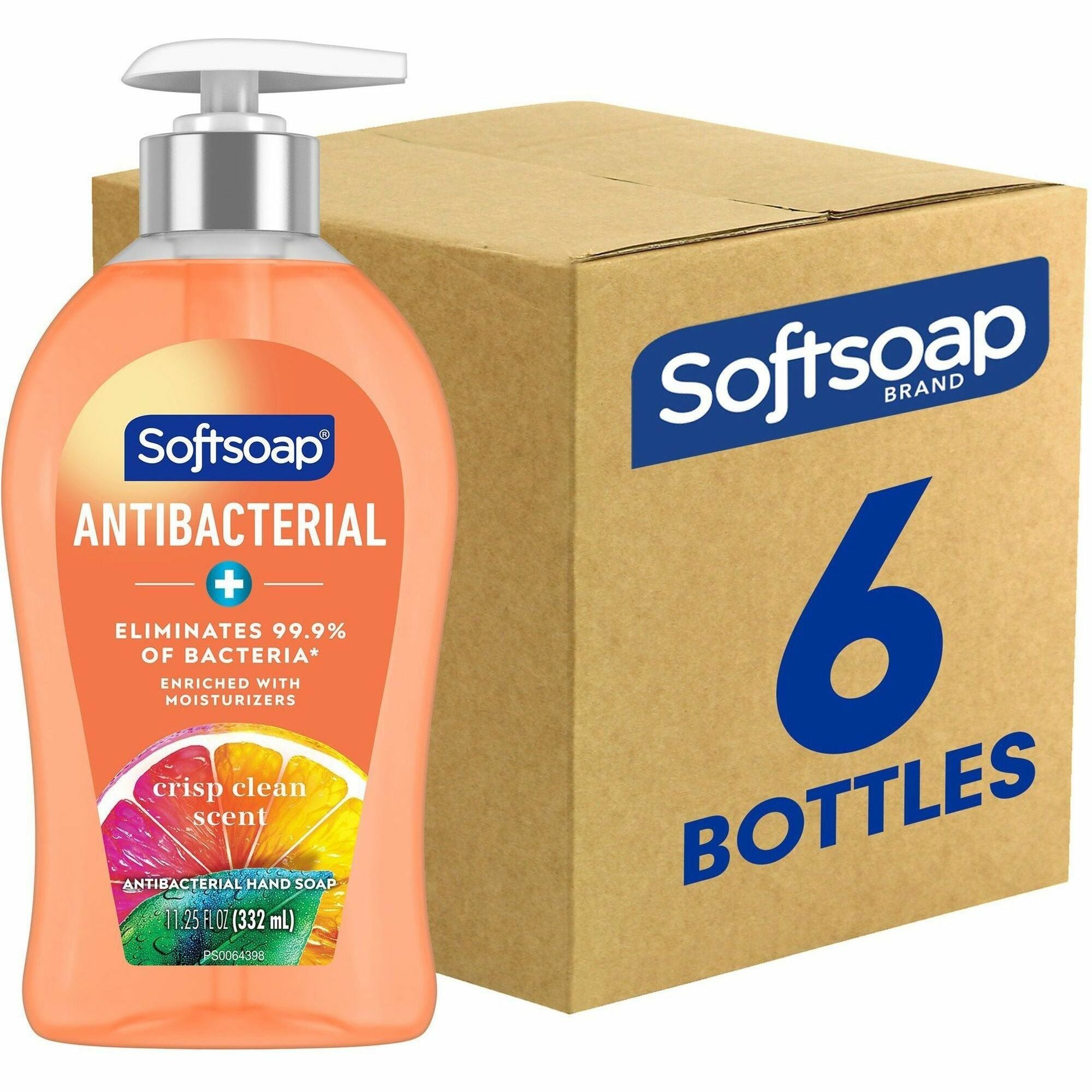 Softsoap Antibacterial Soap Pump, Crisp Clean Scent, 11.25 fl oz, Orange, Pump Bottle, Moisturizing, Refillable, Paraben-free, Phthalate-free, Biodegradable, 6/Carton