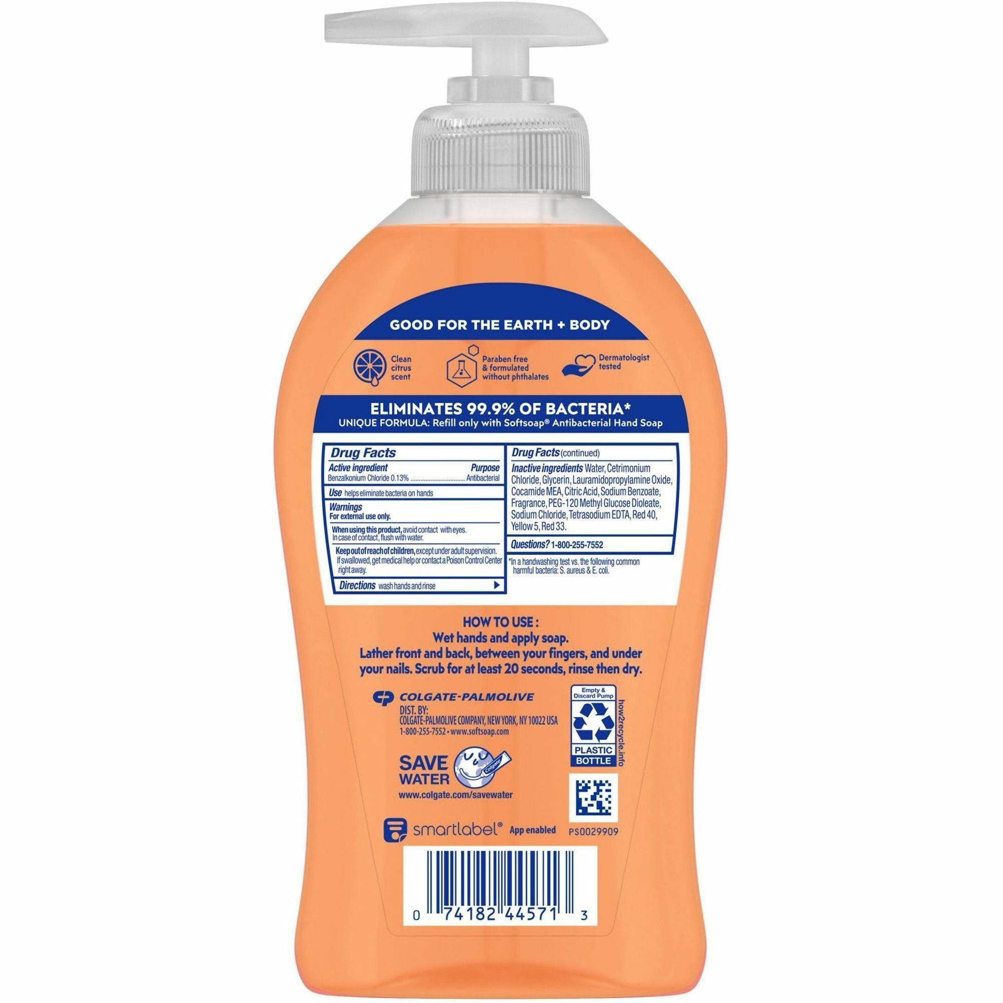 Softsoap Antibacterial Soap Pump, Crisp Clean Scent, 11.25 fl oz, Orange, Pump Bottle, Moisturizing, Refillable, Paraben-free, Phthalate-free, Biodegradable, 6/Carton