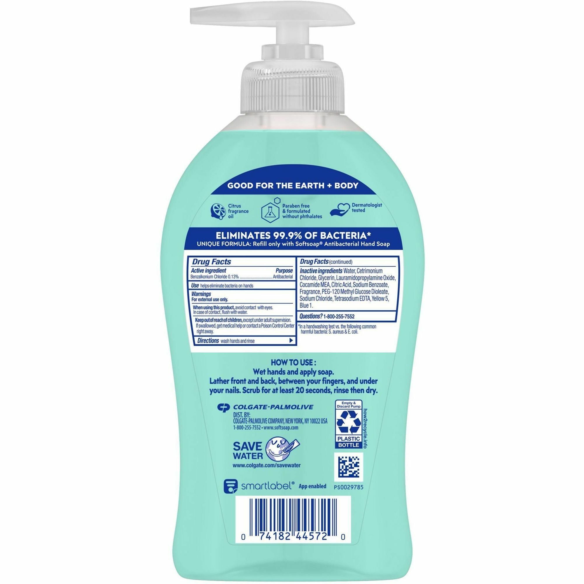 Softsoap Antibacterial Soap Pump, Fresh Citrus Scent, 11.25 fl oz, Green, Pump Bottle, Moisturizing, Refillable, Paraben-free, Phthalate-free, pH Balanced, Biodegradable, Recyclable, 6/Carton
