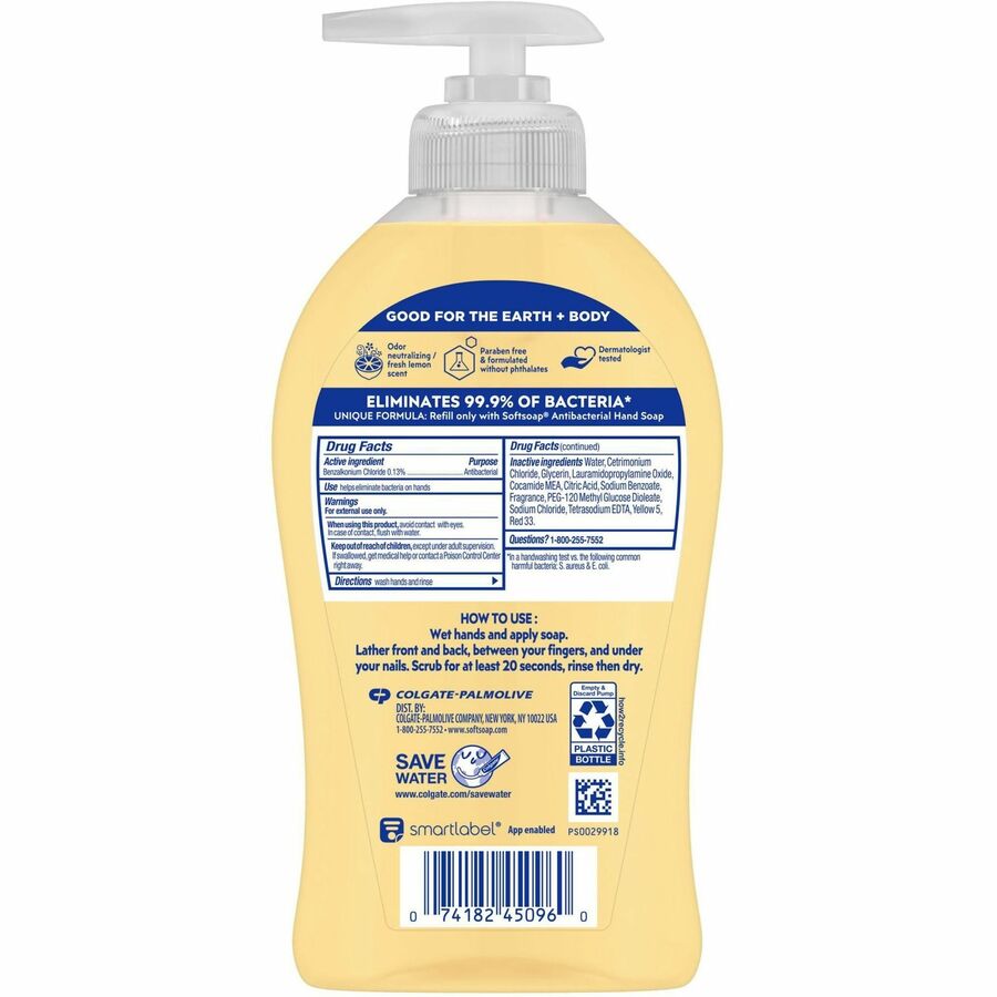 Softsoap Antibacterial Hand Soap Pump, Citrus Scent, 11.25 fl oz, Yellow, Moisturizing, Paraben-free, Phthalate-free, pH Balanced, Biodegradable, Recyclable, 6/Carton