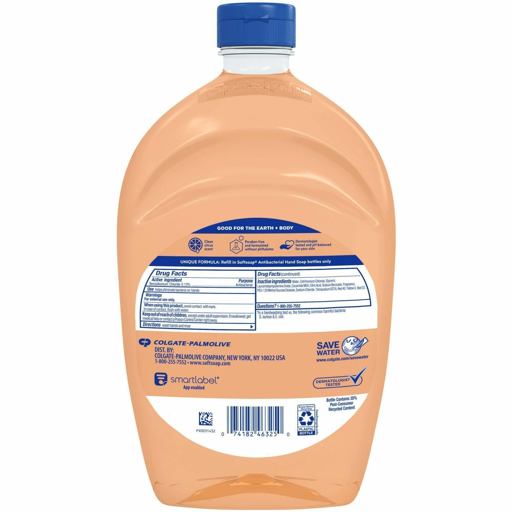 Softsoap Antibacterial Hand Soap, Crisp Clean Scent, 1.56 Quart, Orange, Moisturizing, Refillable, Paraben-Free, Phthalate-Free, Biodegradable, 6/Carton