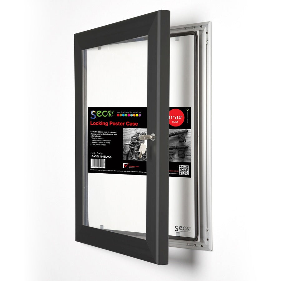 Seco Locking Poster Case, 11" x 14" Frame, Rectangle, Portrait or Landscape, Black, Weather Proof, Shatter Proof, Lockable, Rust Proof, Water Proof, Aluminum/Plastic/Polycarbonate, 1 Each