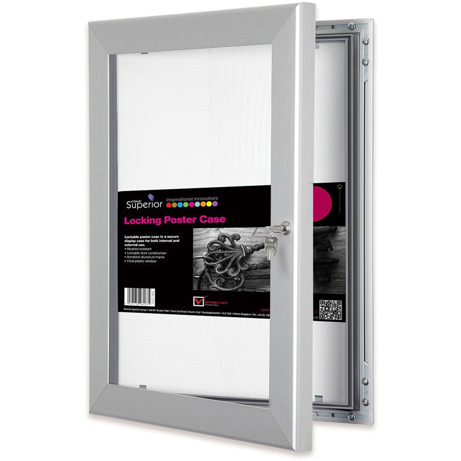 Seco Locking Poster Case, 11" x 17" Frame, Rectangle, Portrait or Landscape, Anodized Silver, Weatherproof, Shatterproof, Lockable, Rustproof, Waterproof, Aluminum/Plastic/Polycarbonate, 1 Each