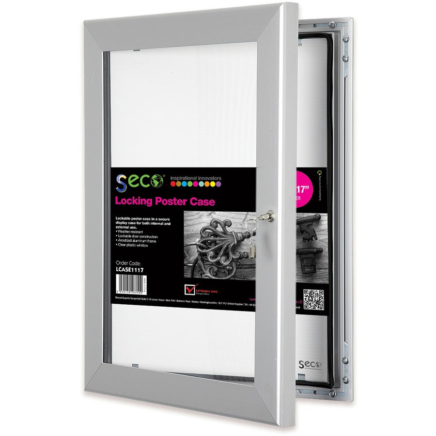 Seco Locking Poster Case, 11" x 17" Frame, Rectangle, Portrait or Landscape, Anodized Silver, Weatherproof, Shatterproof, Lockable, Rustproof, Waterproof, Aluminum/Plastic/Polycarbonate, 1 Each