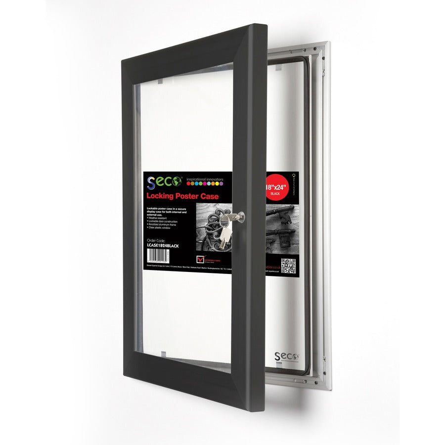 Seco Locking Poster Case, 18" x 24" Frame, Rectangle, Portrait/Landscape, Black, Weather Proof, Shatter Proof, Lockable, Rust Proof, Water Proof, Aluminum/Plastic/Polycarbonate, 1 Each