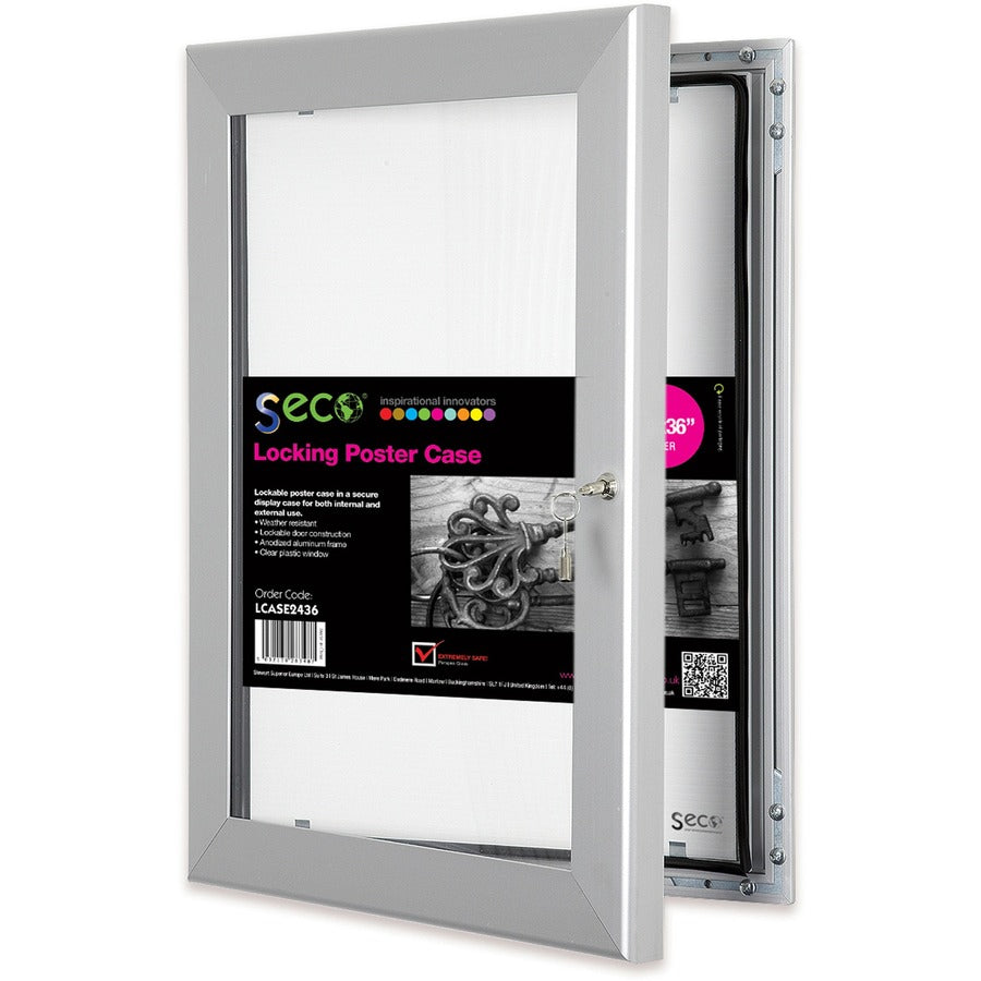 Seco Locking Poster Case, 24" x 36" Frame, Rectangle, Portrait/Landscape, Anodized Silver, Weather Proof, Shatter Proof, Lockable, Rust Proof, Water Proof, Aluminum/Plastic/Polycarbonate, 1 Each