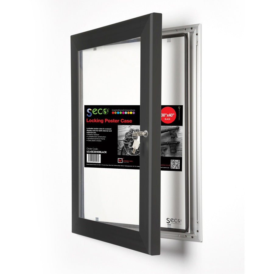 Seco Locking Poster Case, 30" x 40" Frame, Rectangle, Portrait/Landscape, Black, Weather Proof, Shatter Proof, Lockable, Rust Proof, Water Proof, Aluminum/Plastic/Polycarbonate, 1 Each