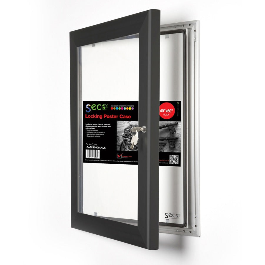 Seco Locking Poster Case, 40" x 60" Rectangle Frame, Portrait or Landscape, Black, Weather Proof, Shatter Proof, Lockable, Rust Proof, Water Proof, Aluminum/Plastic/Polycarbonate, 1 Each