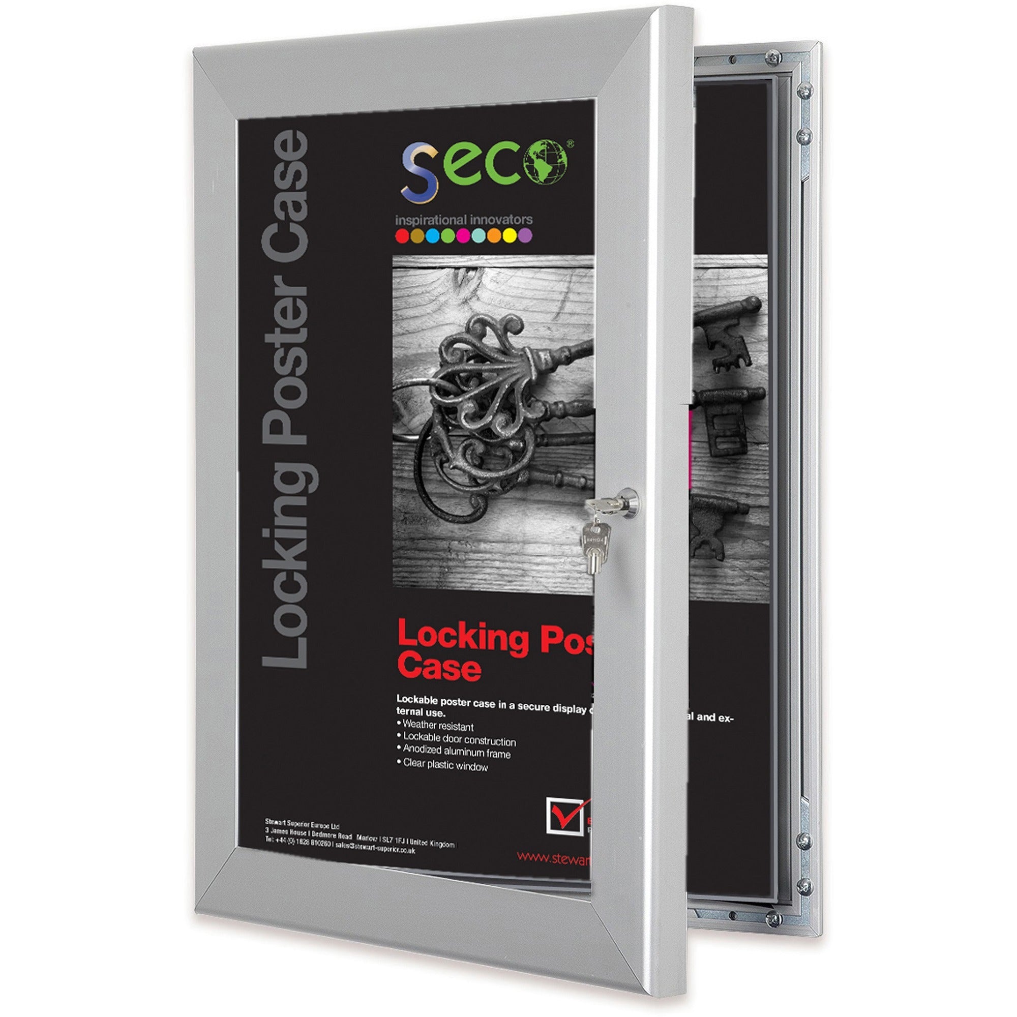 Seco Locking Poster Case, 40" x 60" Rectangle Frame, Portrait or Landscape, Anodized Silver, Weatherproof, Shatterproof, Lockable, Rustproof, Waterproof, Aluminum/Plastic/Polycarbonate, 1 Each