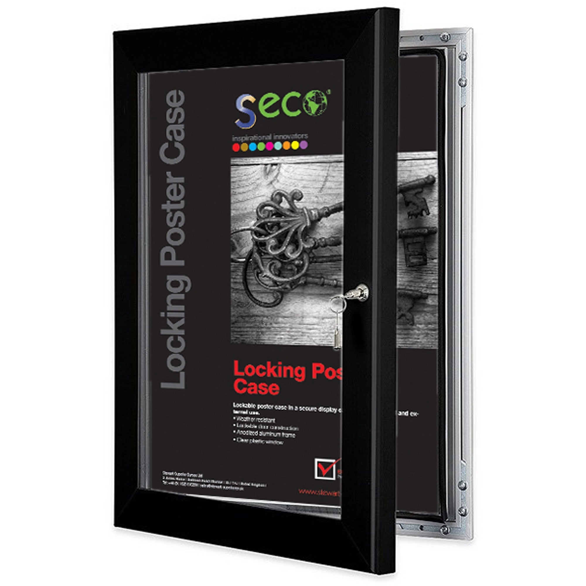 Seco Locking Poster Case, 8.5" x 11" Rectangle Frame, Portrait or Landscape, Black, Weather Proof, Shatter Proof, Lockable, Rust Proof, Water Proof, Aluminum/Plastic/Polycarbonate, 1 Each