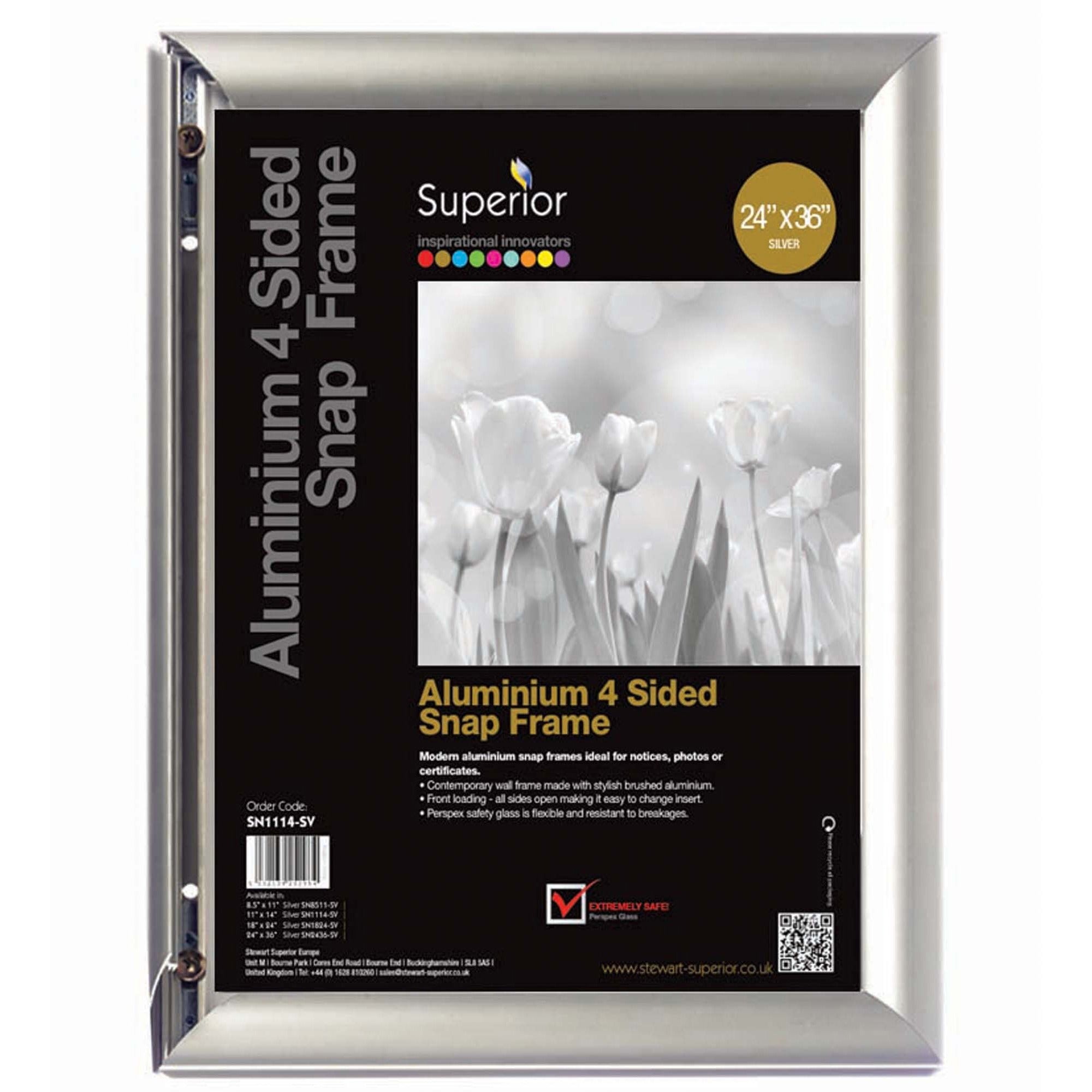 Seco Classic Snap Frame, 24" x 36", Rectangle, Black Aluminum, Silver, 1 Each